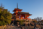 Kiyomizu Temple (Kiyomizu-dera) in the evening sunset and autumnal scenery with vibrant colours, UNESCO World Heritage Site, Kyoto, Honshu, Japan, Asia