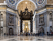 Detail of the Papal Altar and Baldacchino, in the central part of St. Peter's Basilica in Vatican City, UNESCO World Heritage Site, papal enclave in Rome, Lazio, Italy, Europe