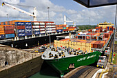 Container-ship crossing the Panama Canal Gatun locks, Panama Canal, Republic of Panama, Central America