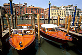 Motoscafi, taxi-boat moored on Grand Canal, Venice, UNESCO World Heritage Site, Veneto region, Italy, Europe