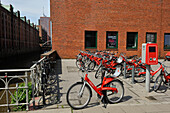 Bike hire station (StadtRAD) in the Speicherstadt (City of Warehouses), HafenCity district, Hamburg, Germany, Europe