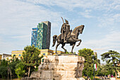 Equestrian statue of Georges Kastrioti (1405-1468) known as Skanderbeg, one of the great figures of the Albanian resistance against the Ottomans, Skanderbeg Square (Sheshi Skeenderbej), Tirana Centre, Albania, Europe