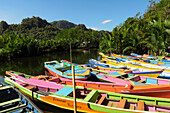 Tourist tour boats moored on the Pute River in this karst limestone region, Ramman-Rammang, Maros Pangkep Geopark, UNESCO Global Geopark, South Sulawesi, Indonesia, Southeast Asia, Asia