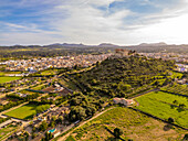 Aerial view of hilltop Santuari de Sant Salvador church in Arta, Majorca, Balearic Islands, Spain, Mediterranean, Europe