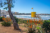 View of lifeguard watchtower at Playa de Palma and S'Arenal, S'Arenal, Palma, Majorca, Balearic Islands, Spain, Mediterranean, Europe