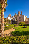 Blick auf die Kathedrale-BasA?lica de Santa MarA?a de Mallorca vom Seo-Garten aus, Palma de Mallorca, Mallorca, Balearen, Spanien, Mittelmeer, Europa