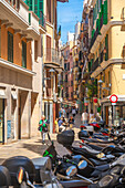 View of shops and shoppers in narrow street, Palma de Mallorca, Majorca, Balearic Islands, Spain, Mediterranean, Europe