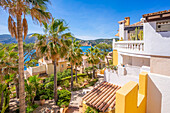 View of villlas overlooking bay at Camp de Mar, Camp de Mar, Majorca, Balearic Islands, Spain, Mediterranean, Europe