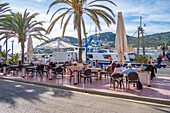 View of cafe at the marina at Port d'Andratx, Majorca, Balearic Islands, Spain, Mediterranean, Europe