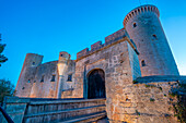 View of Castell de Bellver at dusk, Palma, Majorca, Balearic Islands, Spain, Mediterranean, Europe