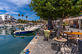 View of restaurants and boats in Port Manacor, Porto Cristo, Majorca, Balearic Islands, Spain, Mediterranean, Europe