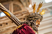 Nahaufnahme der Statue Jesus del Gran Poder, ein Meisterwerk von Juan de Mesa aus dem Jahr 1620, in Sevilla, Spanien.