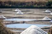 Picturesque salt piles reflecting in the water at Salinas de Guerande, France, showcasing the traditional salt production process.