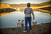 Ein kleiner Junge genießt die Zeit im Freien mit drei Hunden an einem malerischen Stausee in Villaviciosa de Cordoba, Andalusien, Spanien.