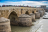 Menschenmenge bei einer politischen Demonstration auf der historischen römischen Brücke in Cordoba, Andalusien. Die Langzeitbelichtung fängt die Bewegung und Energie des Protests ein.