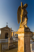 A view of 19th-century tombs and angel statues at Cementerio de San Fernando, Sevilla. Capturing the serene and historic atmosphere of this Andalucian cemetery.