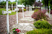 Row of white wooden crosses at the 16th century calvary site in Guehenno, Brittany, France, depicting a serene and solemn atmosphere.