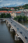 View of the city from the rooftop bar at The Dancing House, or Ginger and Fred (Tancící dum), is the nickname given to the Nationale-Nederlanden building on the Rašínovo nábreží in Prague, Czech Republic