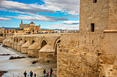 Scenic view of the historic Puente Romano and La Mezquita Cathedral in the background in Cordoba, Andalusia, Spain on a cloudy day.