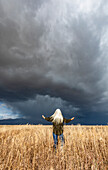 Rear view of woman standing in fall grasses under stormy sky