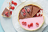 Cheesecake with raspberries and two types of icing