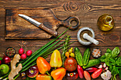 Various fresh vegetables on a wooden board