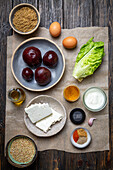 Ingredients for bulgur cakes with beet and feta