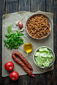 Ingredients for pasta with chorizo and cabbage