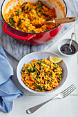 Lentil and rice curry with broccoli and peas