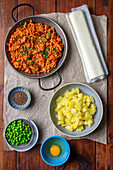 Ingredients for chicken and lentil ragout with potatoes in puff pastry