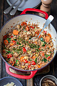 Buckwheat with vegetables and bacon