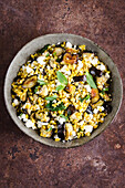 Farro salad with eggplants, feta and mint