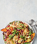 Autumn chicken salad with pomegranate, radishes and sweet potatoes