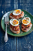 Bread with fish and bean spread and egg