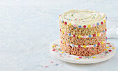 Birthday cake made from puffed rice with colourful sugar decoration