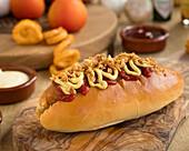 Hotdog with ketchup, mustard and fried onions