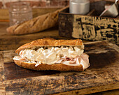 Baguette with ham and truffle egg salad