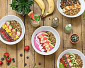 Breakfast bowls with fruit, granola and yoghurt