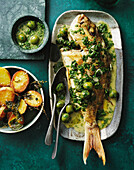 Fried snapper with basil and olives