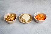 Soya granules, tofu, lentils - ingredients for vegan mince