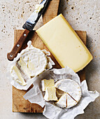 Different types of cheese served on a wooden board