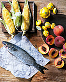 Fresh mullet, raw sweetcorn, yellow squash and peaches