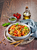 Chicken macaroni with cherry tomatoes, yoghurt and ajvar