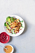 Chicken salad with pomegranate seeds and peanut dressing