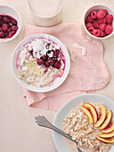 Overnight oats with cherries, chia seeds and desiccated coconut