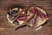 Selection of dried meat and smoked sausage