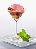 Plum sorbet with orange sauce and mint