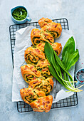 Hearty yeast plait with wild garlic pesto filling