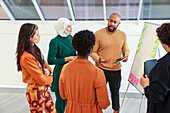 Employees having team meeting in office