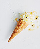 Passion fruit sorbet in waffle cones